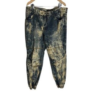 DIAMOND STASH Mens SIZE 40 Blue/Gold Acid Wash UGLY MOTO JEAN Pleated Knee